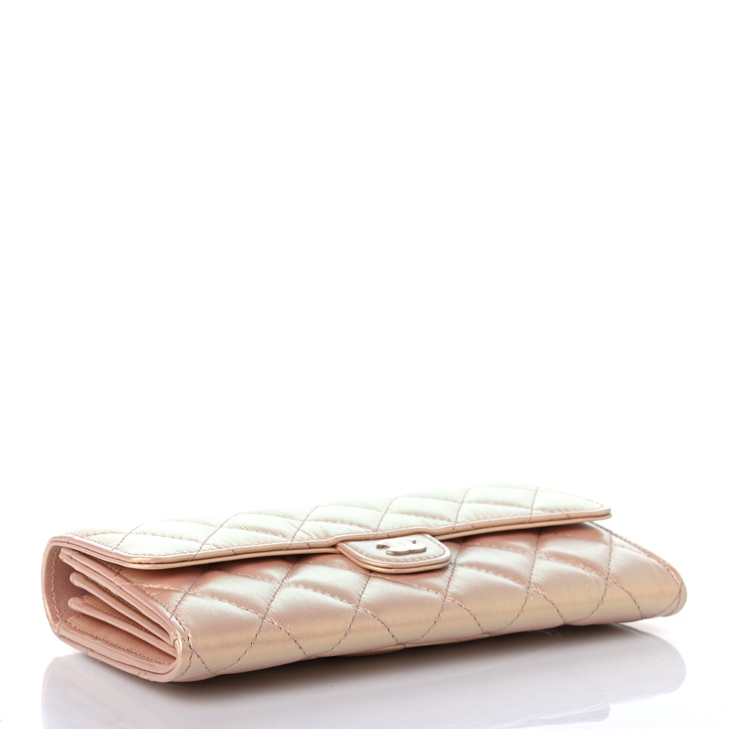 Iridescent Calfskin Quilted Large Gusset Flap Wallet Pink