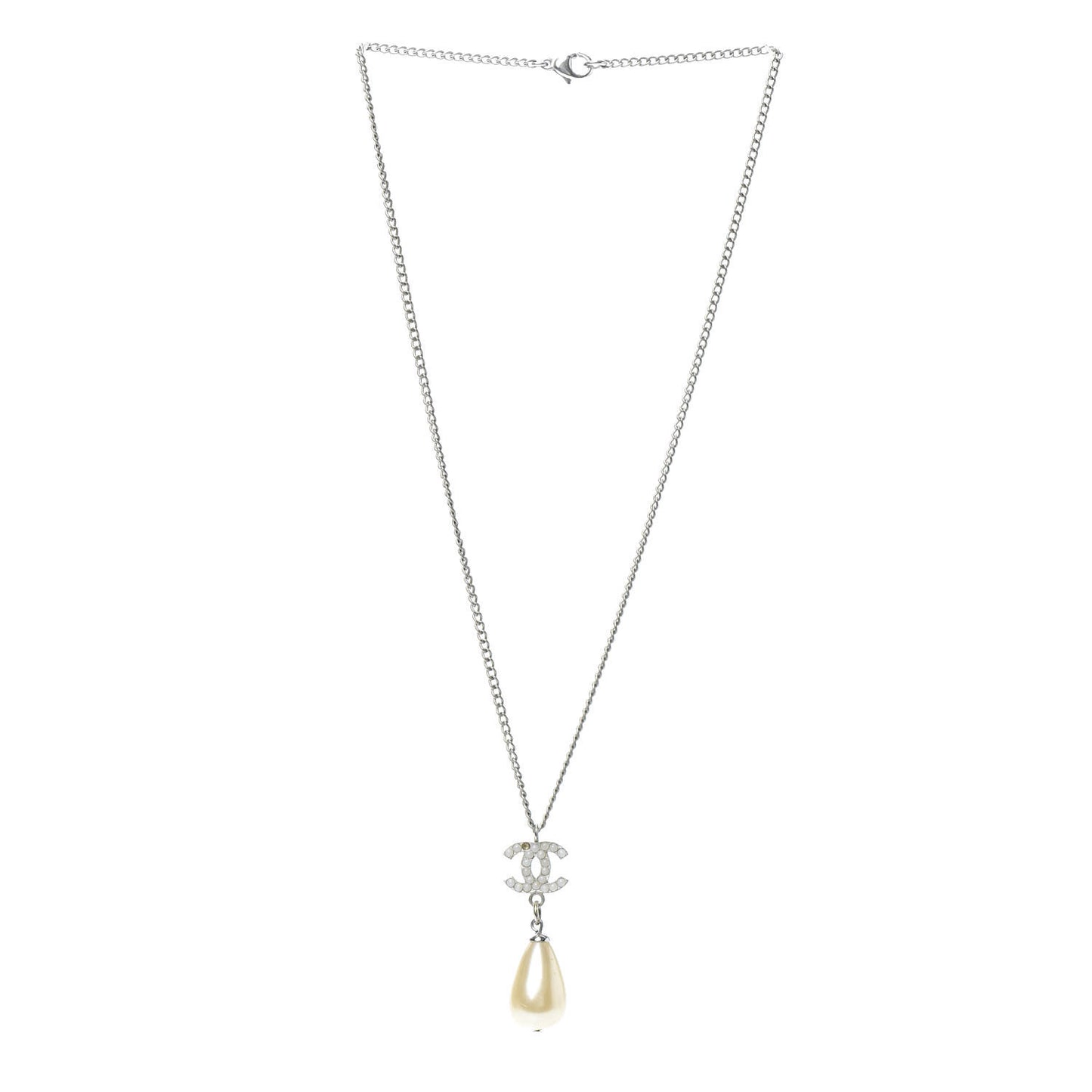 Pearl Bead CC Drop Necklace Silver