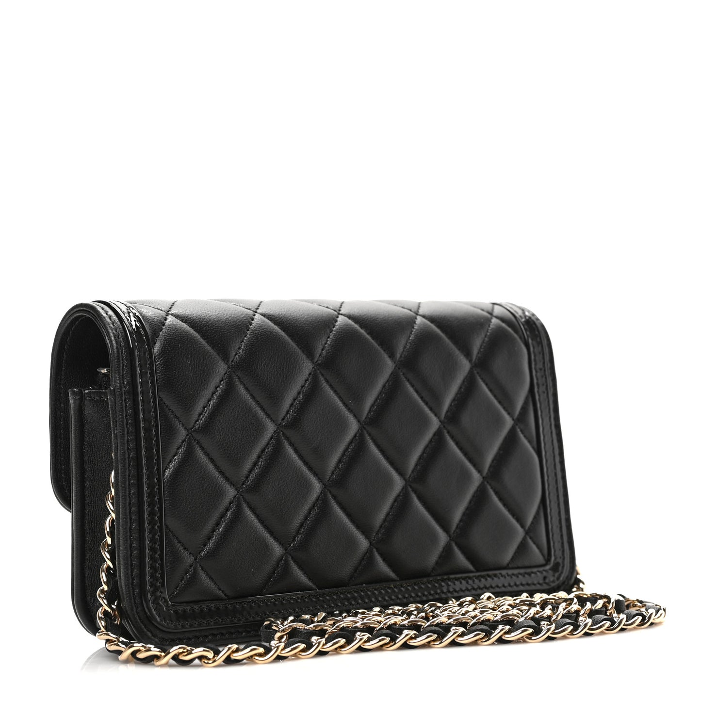 Lambskin Patent Calfskin Quilted Flap Phone Holder With Chain Black