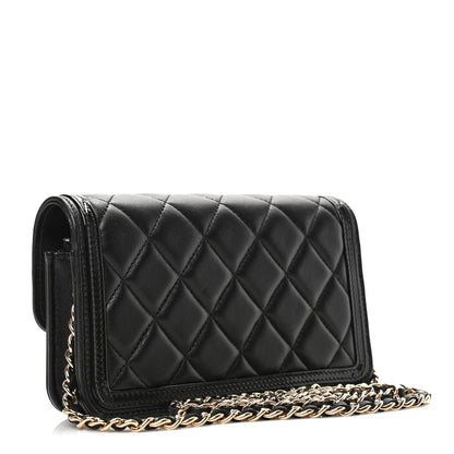 Chanel Lambskin Patent Calfskin Quilted Flap Phone Holder With Chain Black 3 of 9
