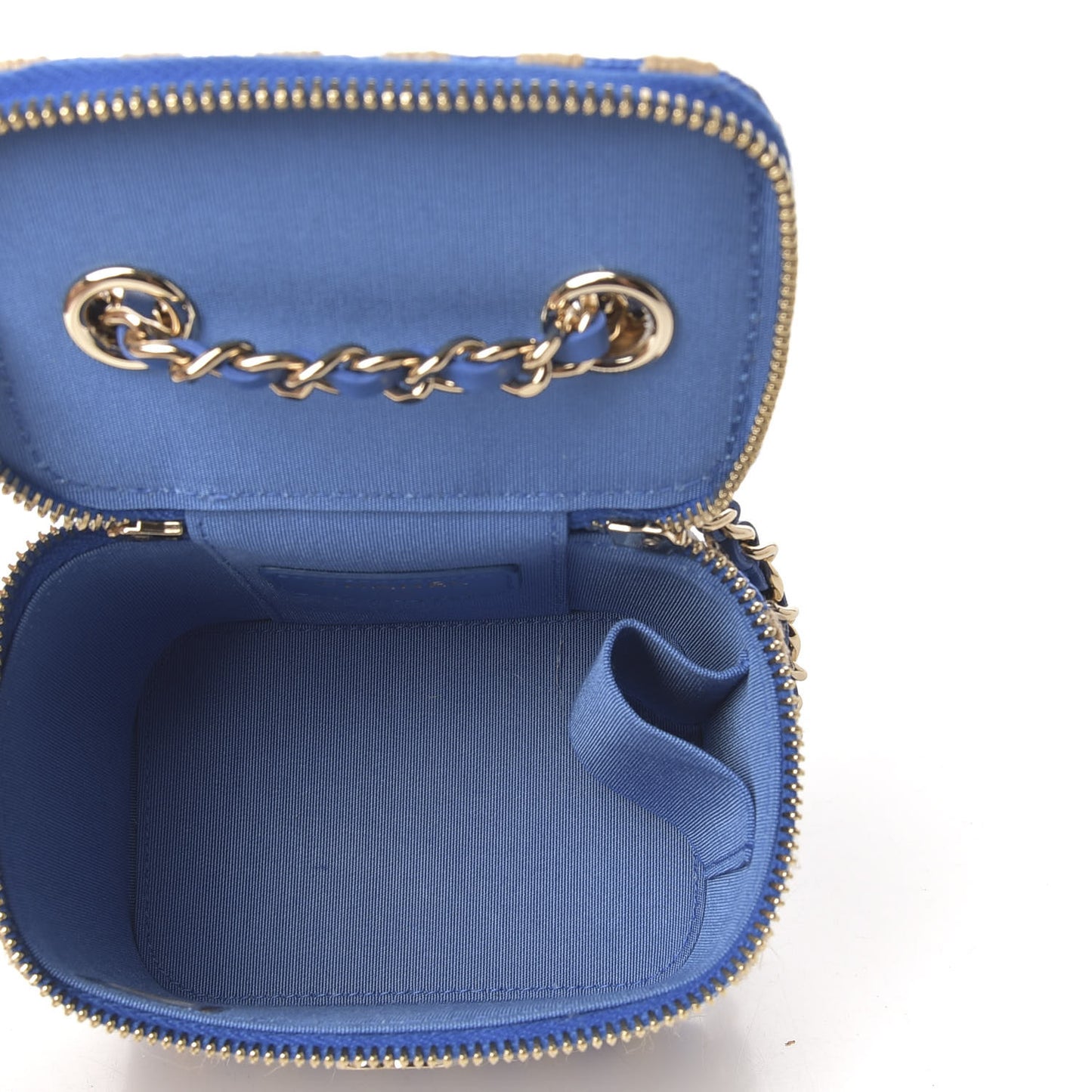 Raffia Jute Striped Mini Vanity Case With Chain Blue Beige