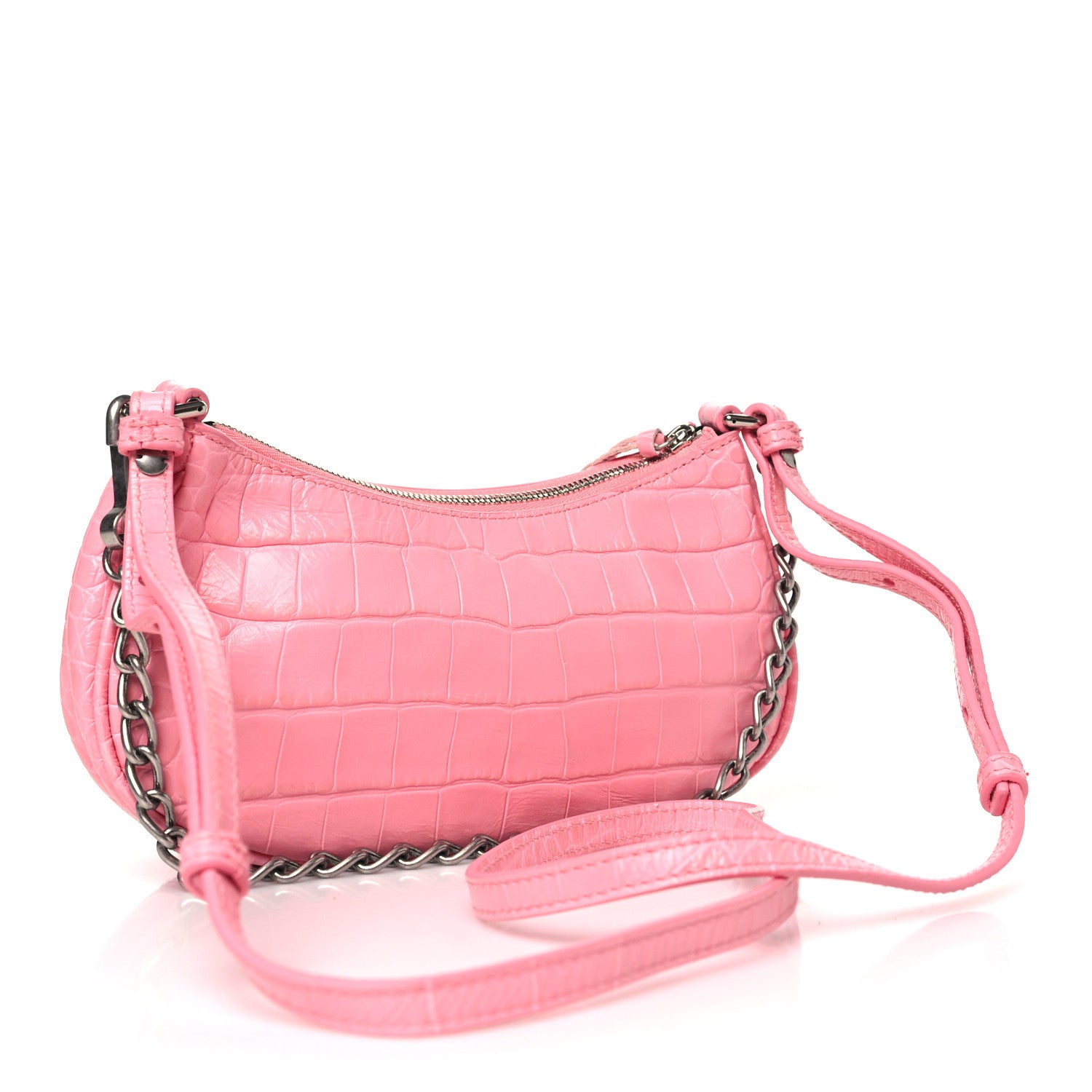 Balenciaga Extra Supple Calfskin Crocodile Embossed Le Cagole Mini Purse With Chain Sweet Pink 3 of 10