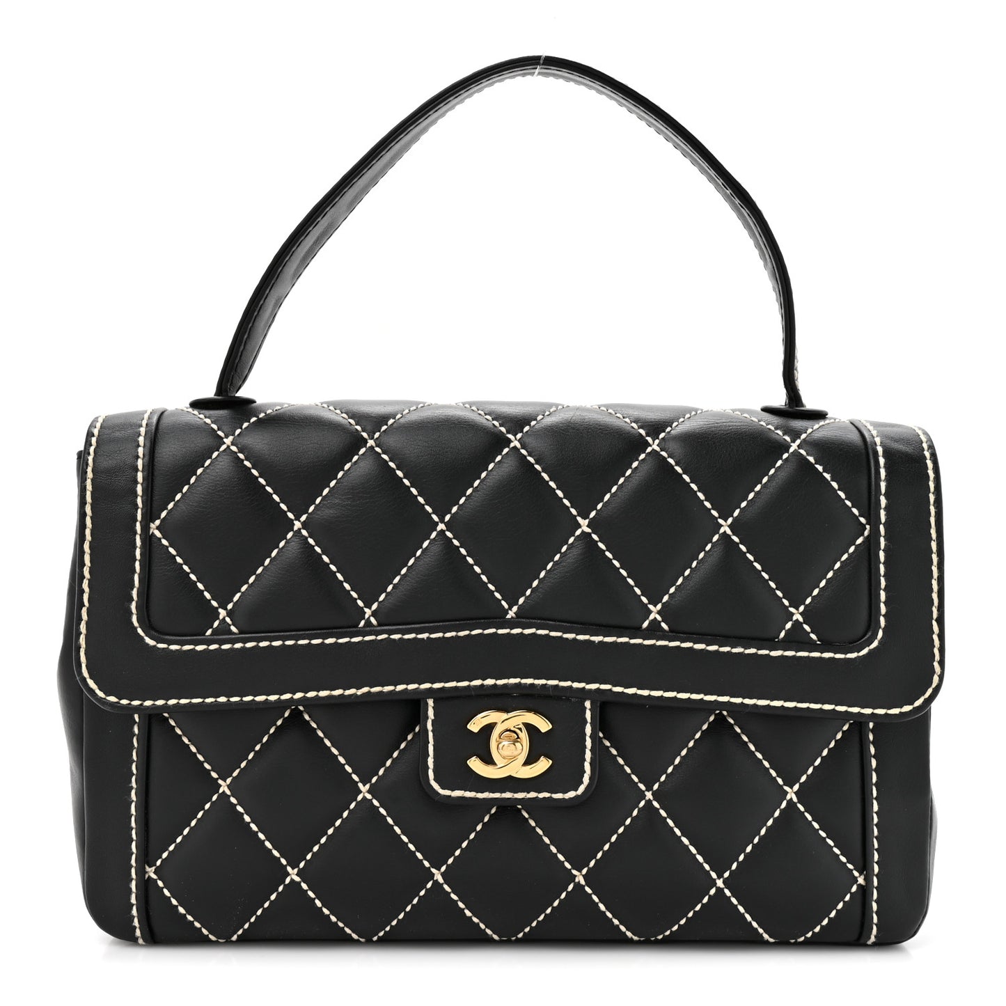 Calfskin Quilted Wild Stitch Large Top Handle Flap Black
