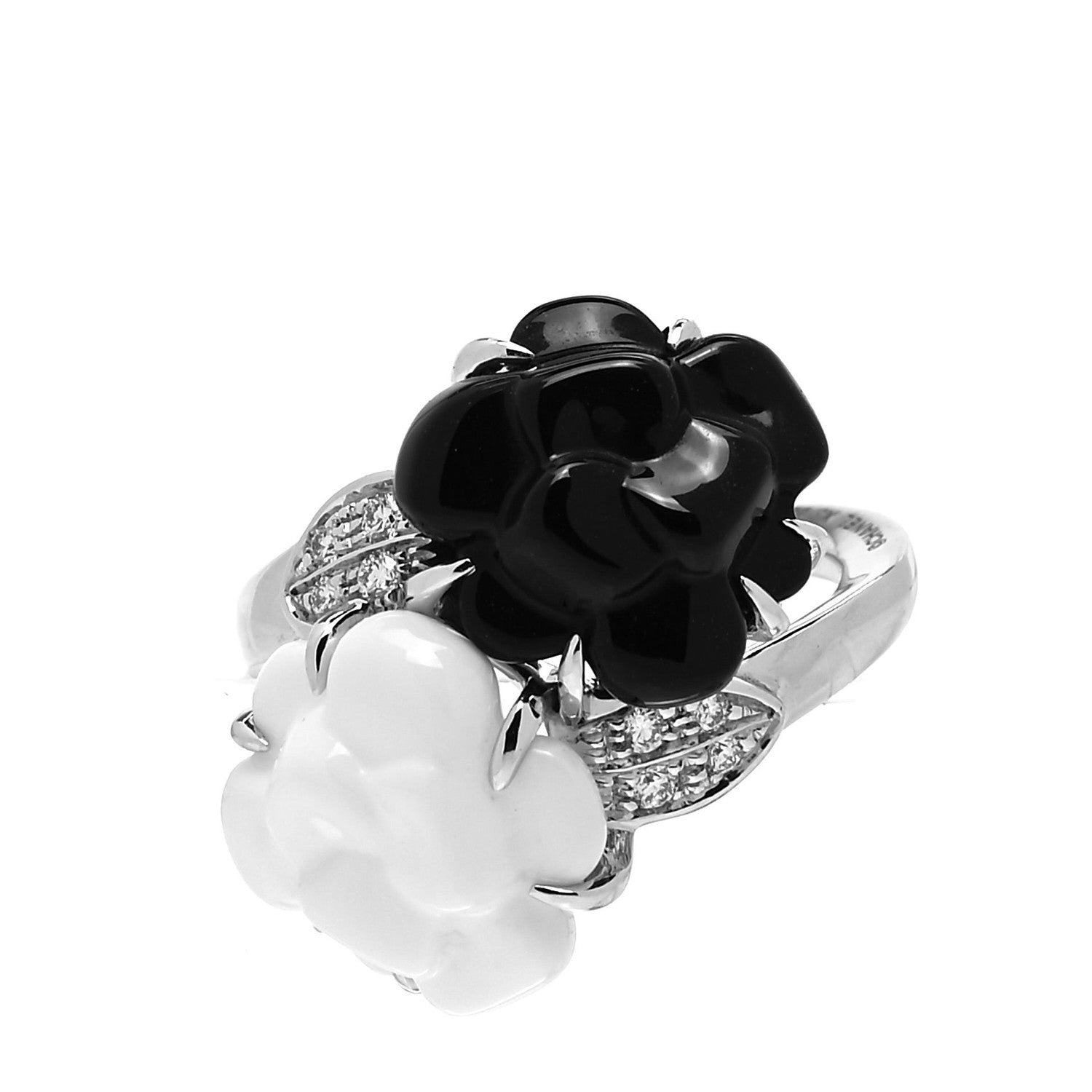 Chanel 18K White Gold Diamond Onyx White Agate Camelia Sculpte Ring 47 4 1 of 5