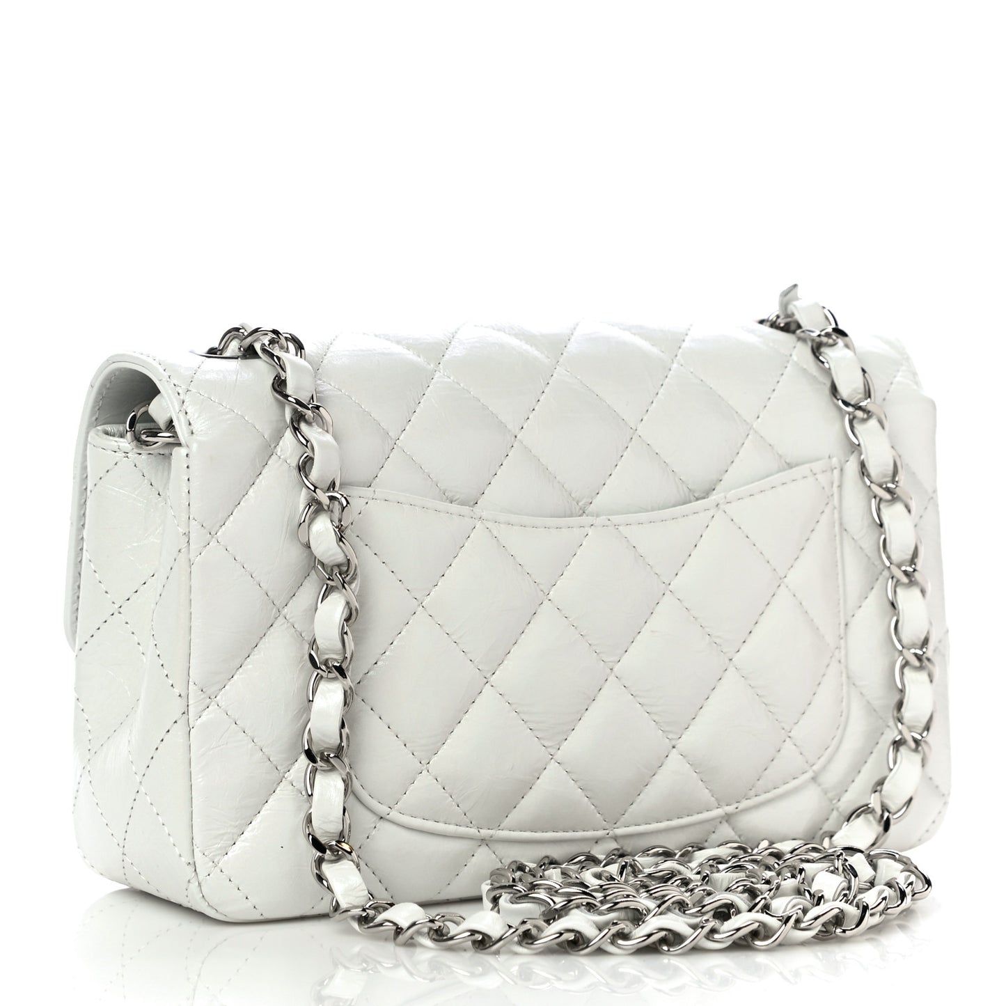 Iridescent Crumpled Calfskin Quilted Mini Rectangular Flap White