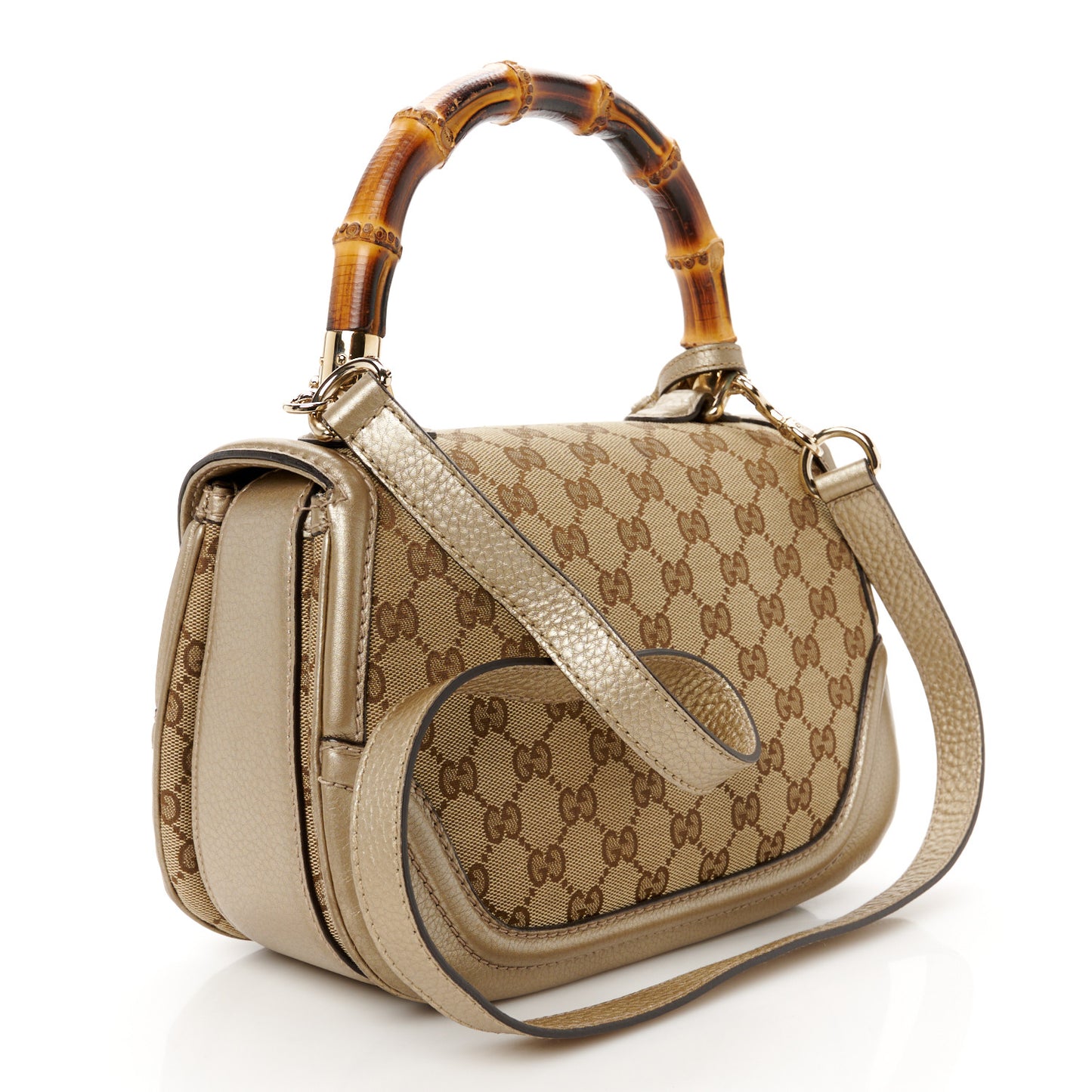 Monogram Metallic Calfskin Medium New Bamboo Top Handle Bag Golden Beige