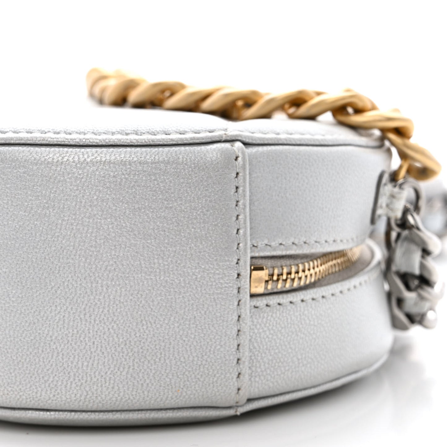 Metallic Lambskin Quilted Chanel 19 Round Clutch With Chain Silver
