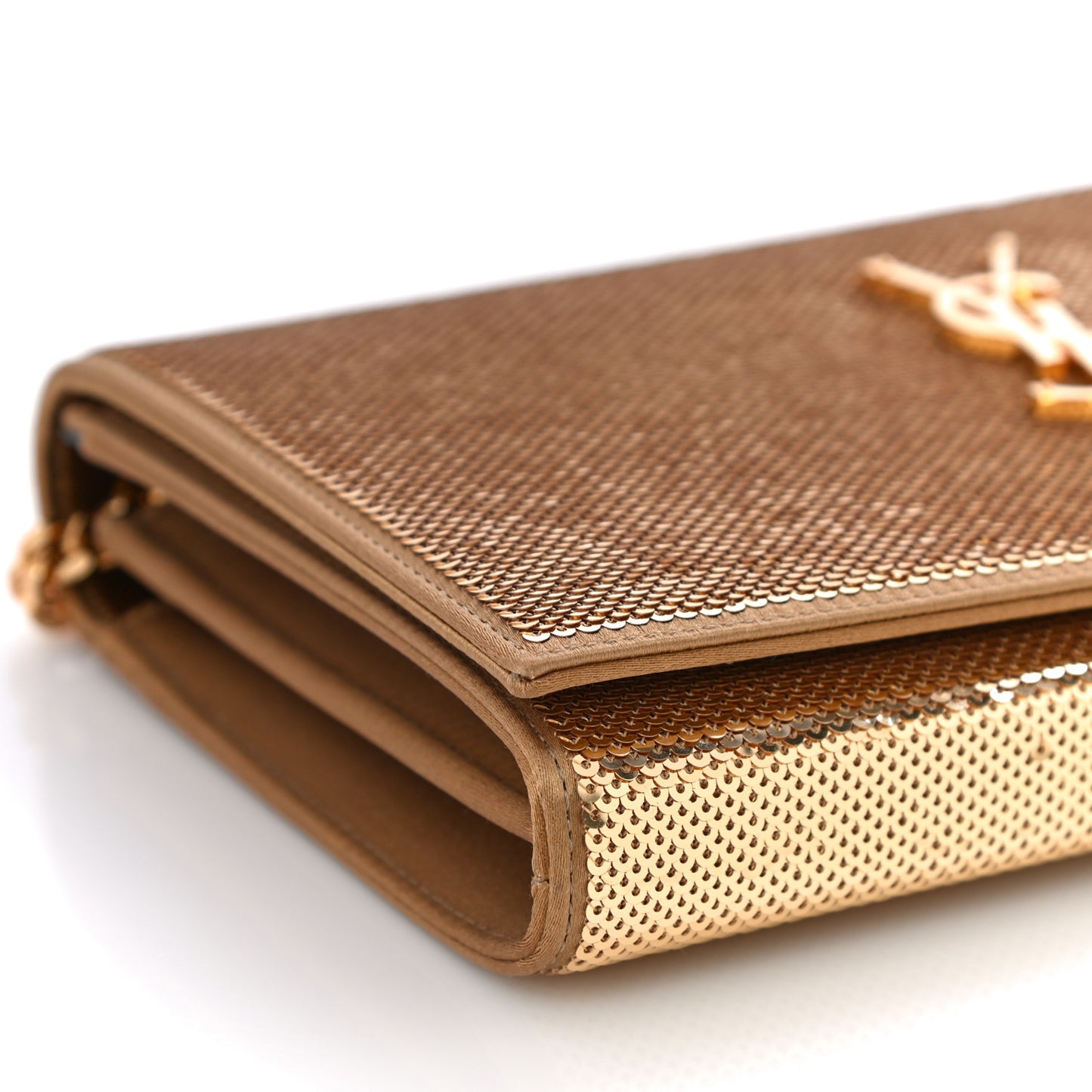 Sequin Monogram Chain Wallet Gold