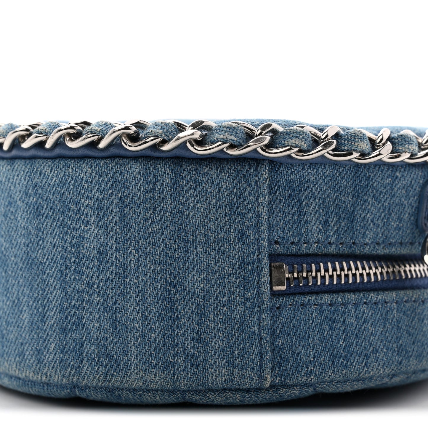 Denim Quilted Round Clutch With Chain Blue