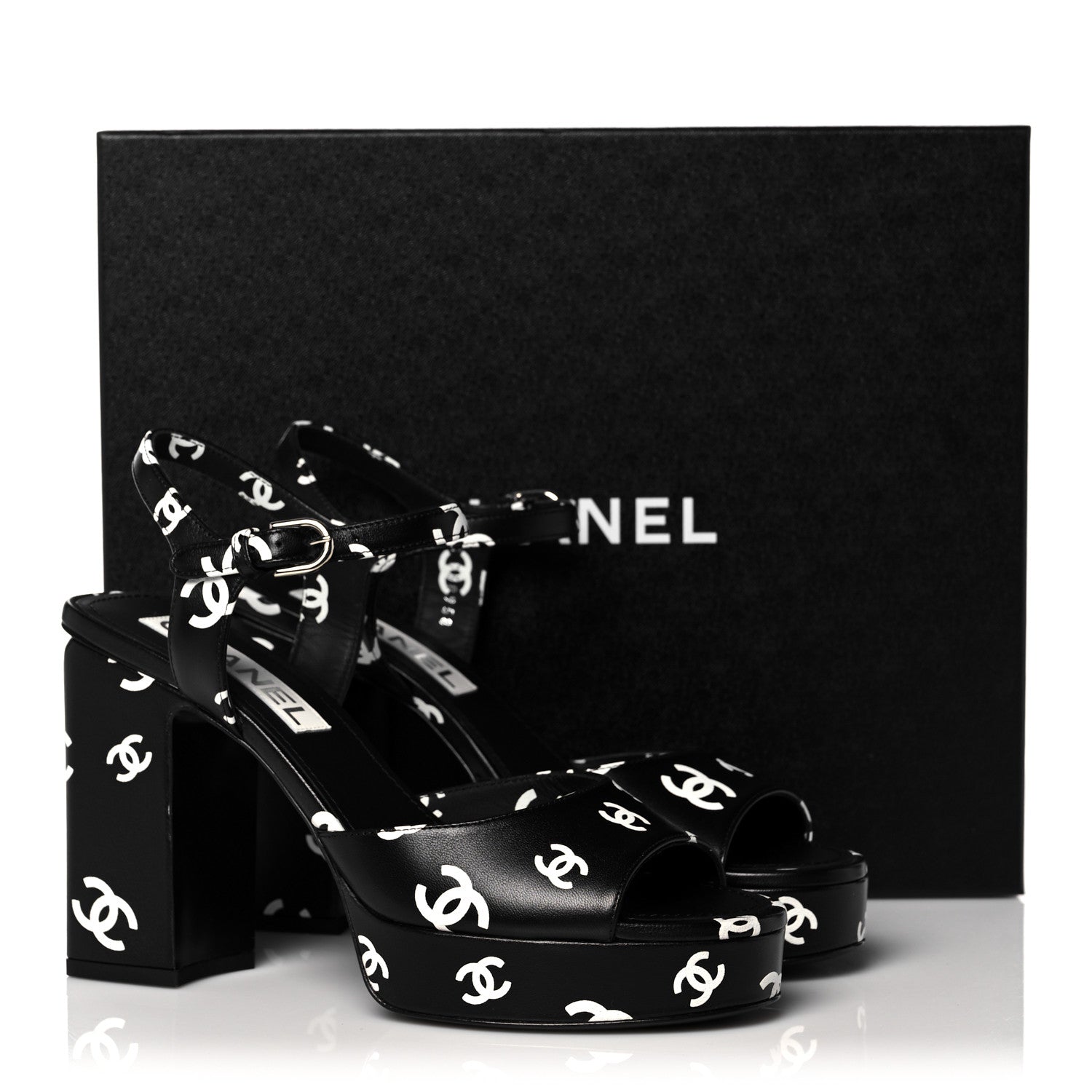 Chanel Printed Lambskin CC Platform Sandals 39 Black White 9 of 9