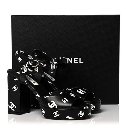 Chanel Printed Lambskin CC Platform Sandals 39 Black White 9 of 9