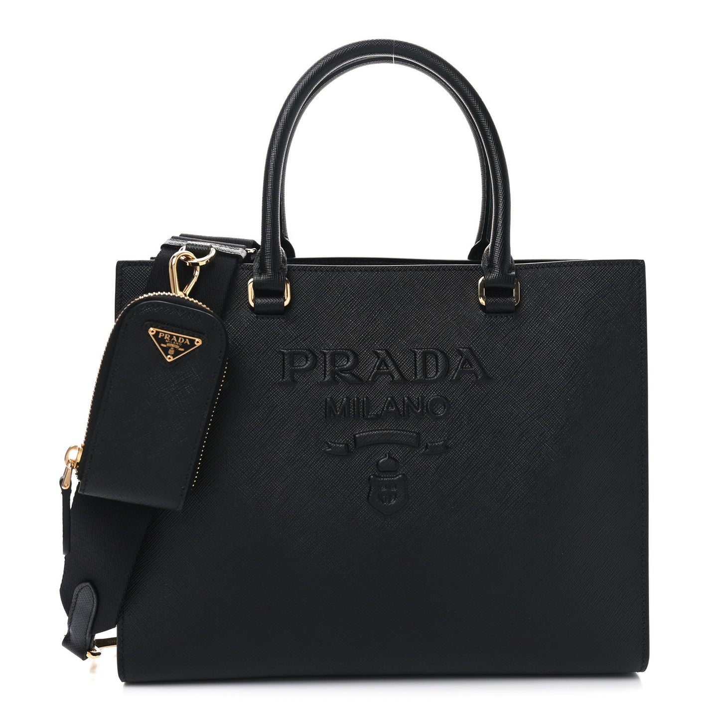 Saffiano Lux Logo Embossed Medium Shoulder Tote Handbag Black