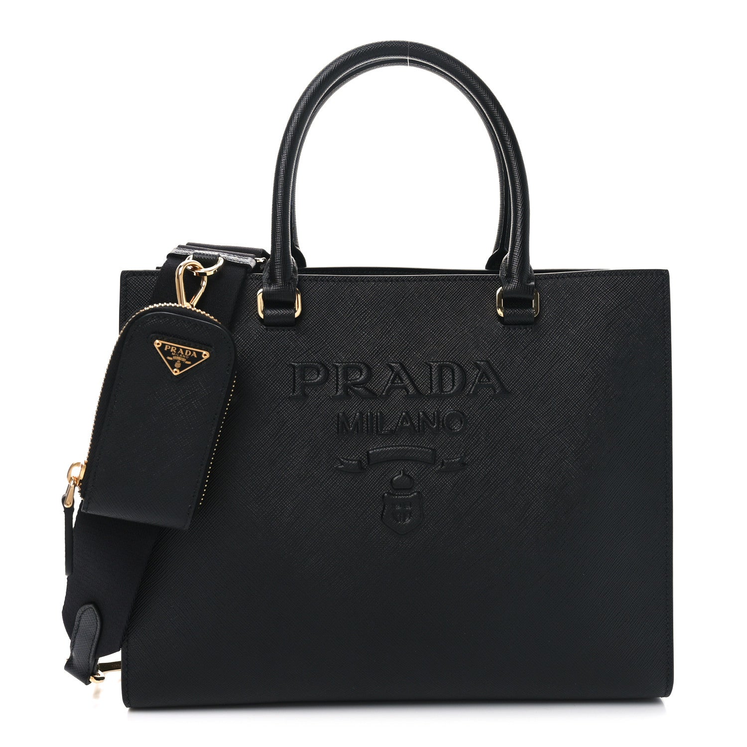 Prada Saffiano Lux Logo Embossed Medium Shoulder Tote Handbag Black 1 of 9