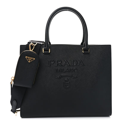 Prada Saffiano Lux Logo Embossed Medium Shoulder Tote Handbag Black 1 of 9
