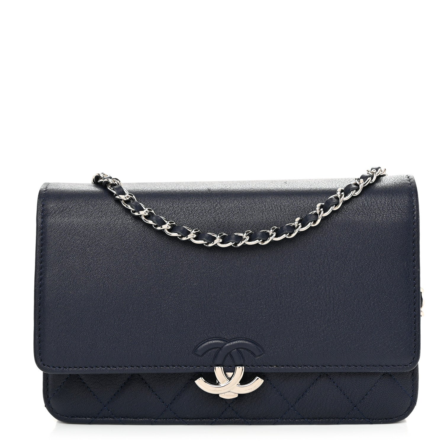 Chanel Grained Calfskin Quilted CC Box Wallet On Chain WOC Navy 1 of 12