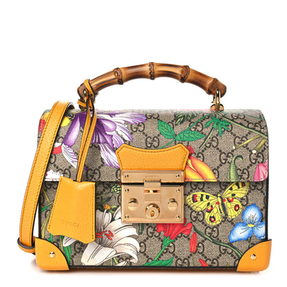 Gucci GG Supreme Monogram Flora Small Padlock Bamboo Shoulder Bag Beige Multicolor Crop 1 of 10