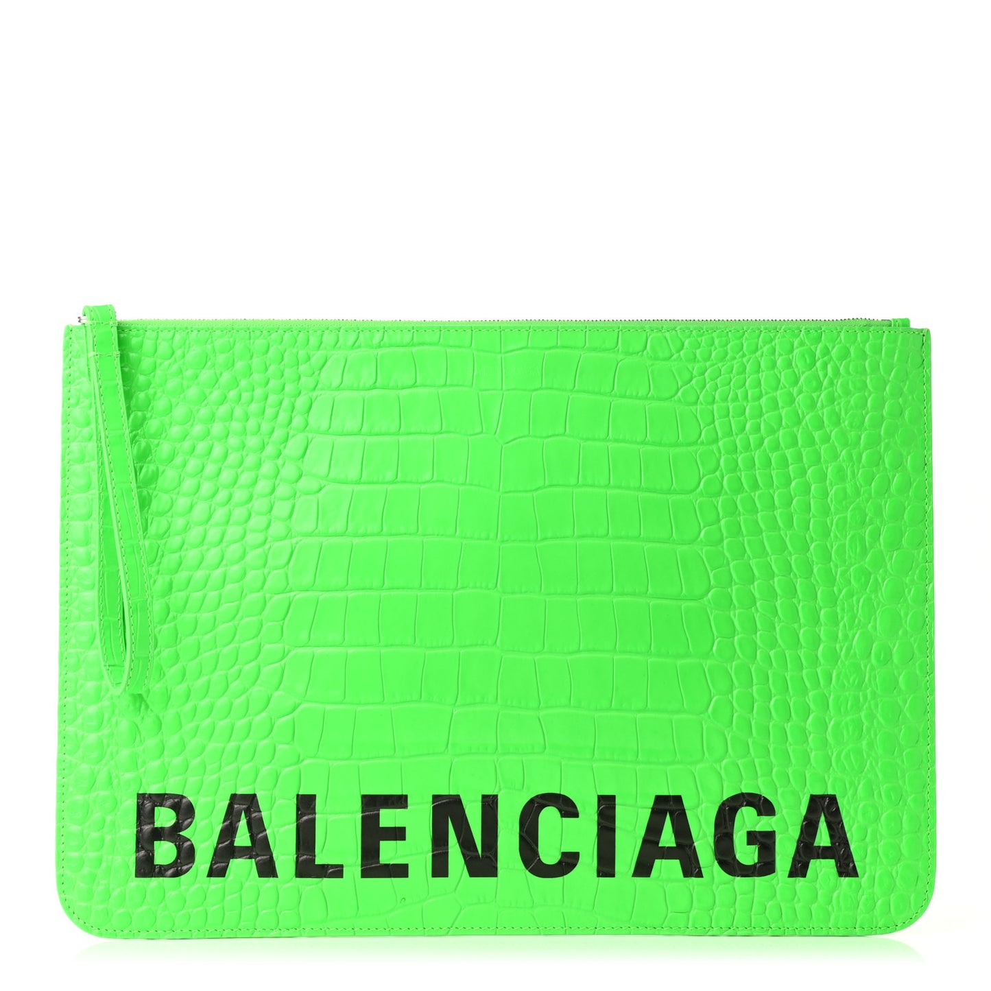 Shiny Calfskin Crocodile Embossed Large Cash Pouch With Handle Fluo Green Black