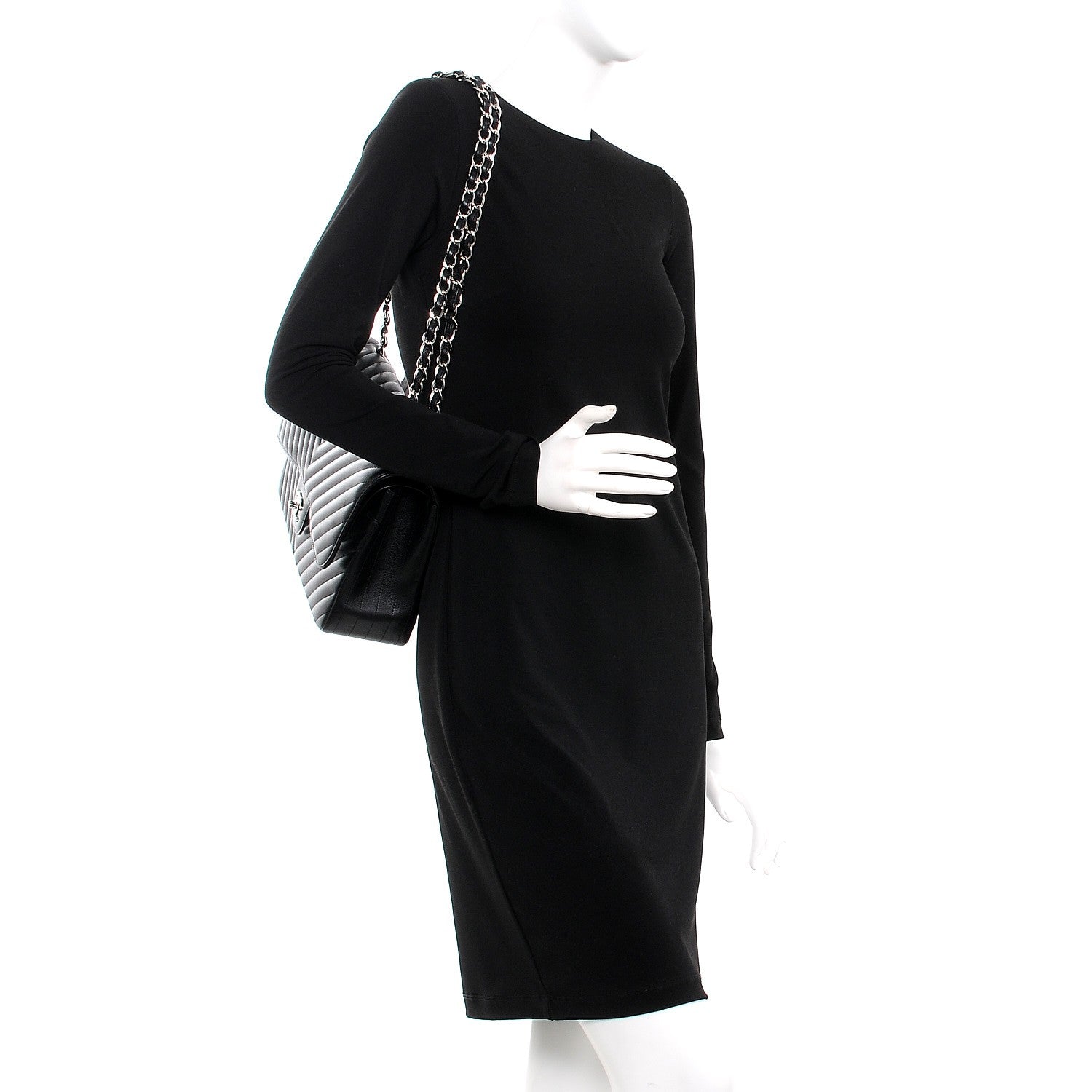 Chanel Metallic Caviar Chevron Quilted Jumbo Double Flap Black 2 of 8