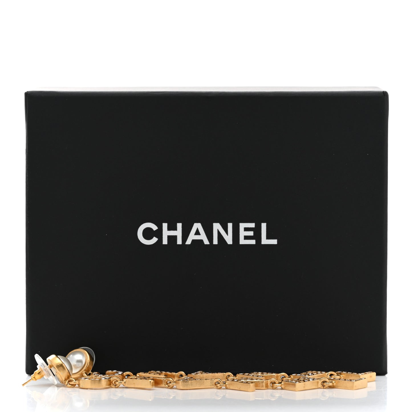Crystal Pearl Logo Drop Earrings Gold
