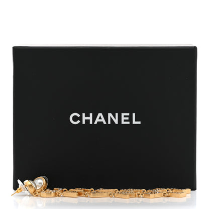 Chanel Crystal Pearl Logo Drop Earrings Gold 5 of 5