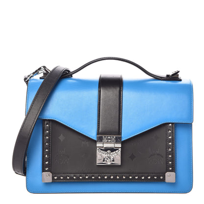 MCM Calfskin Coated Canvas Studded Small Marien Satchel Tile Blue 1 of 9