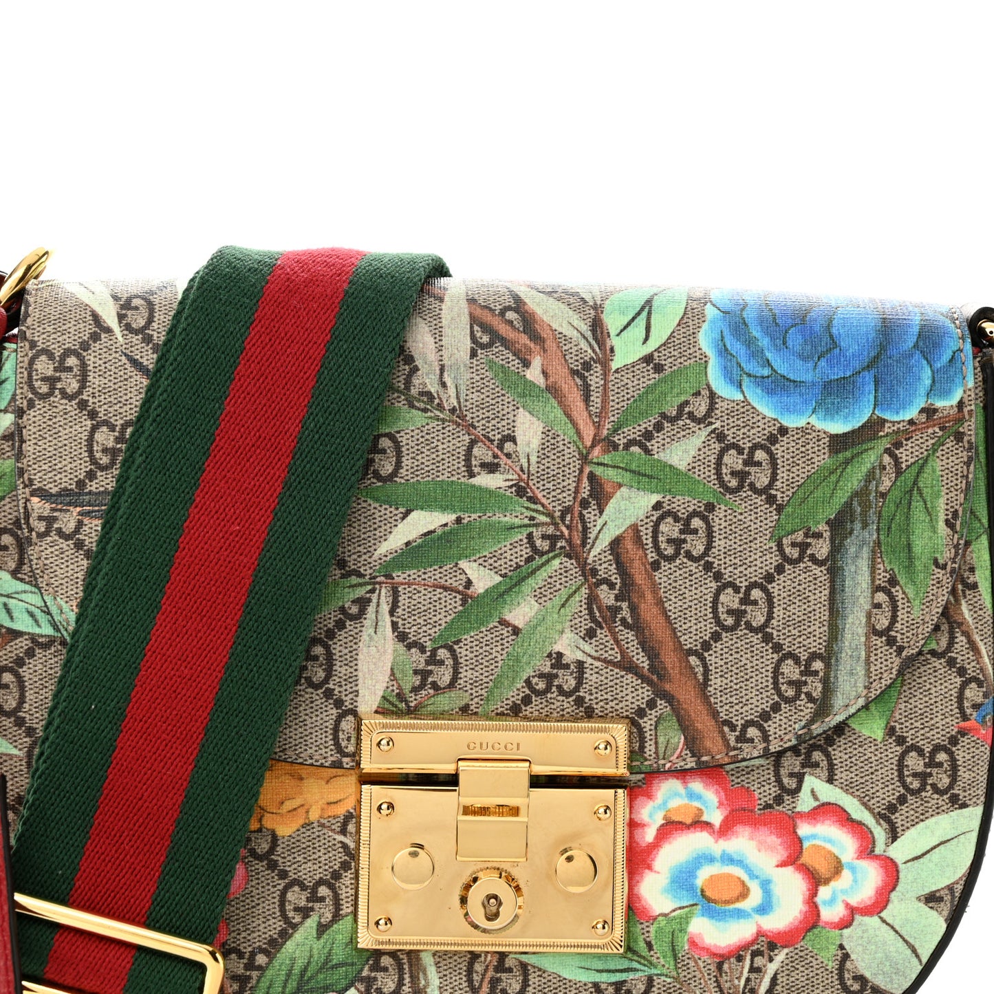 GG Supreme Monogram Tian Web Medium Padlock Messenger Shoulder Bag Beige Multicolor New Acero