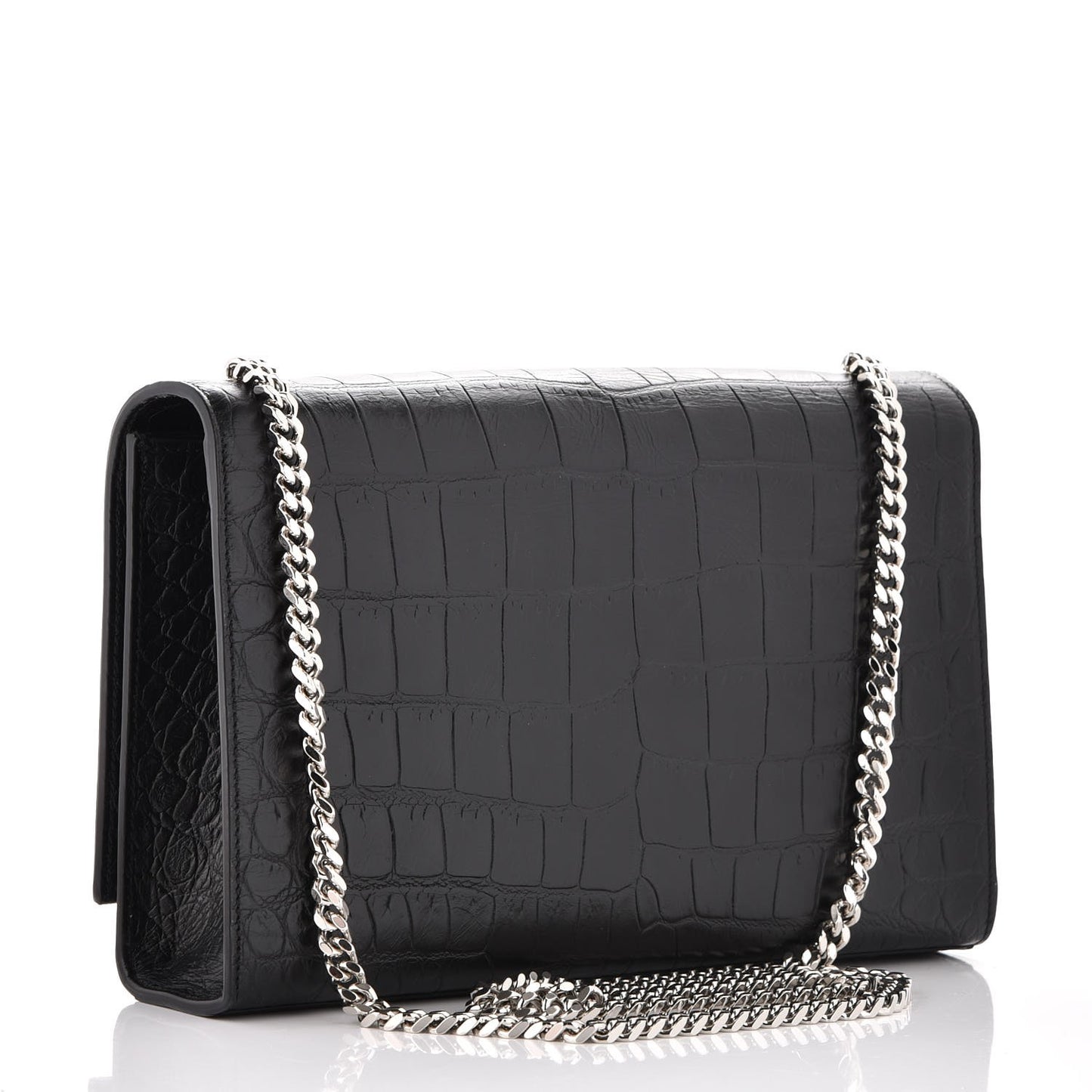 Calfskin Crocodile Embossed Medium Classic Monogram Kate Tassel Satchel Black