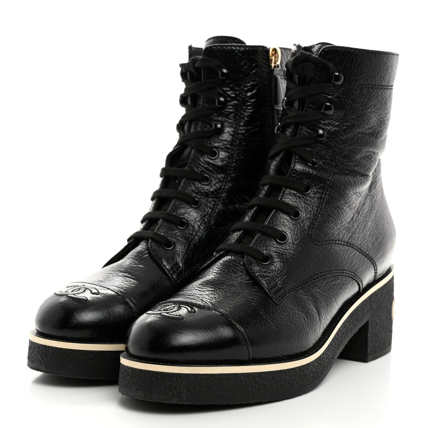 Shiny Crumpled Lambskin Lace Up Combat Boots 40 Black