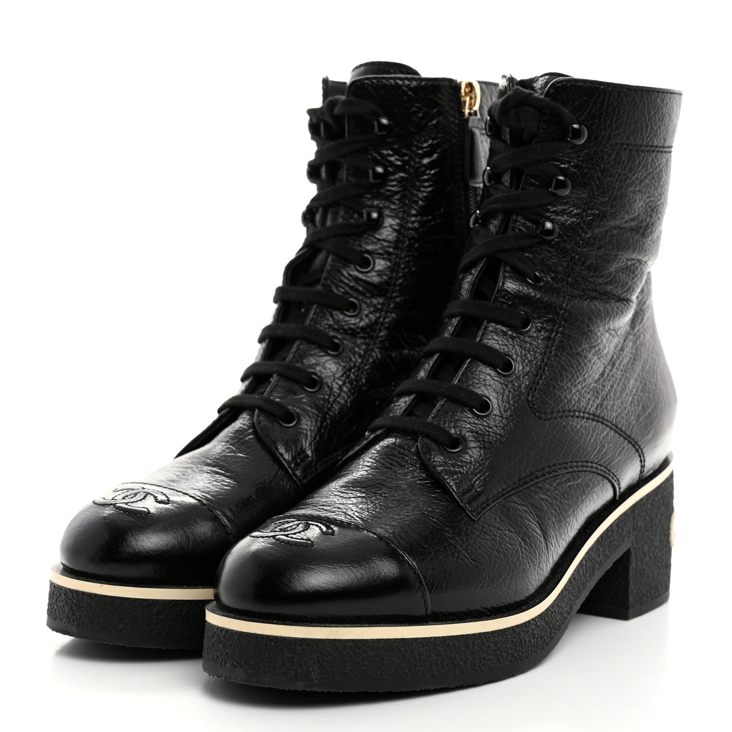 Chanel Shiny Crumpled Lambskin Lace Up Combat Boots 40 Black 3 of 9