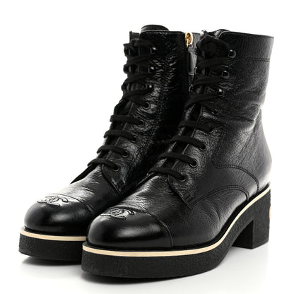 Chanel Shiny Crumpled Lambskin Lace Up Combat Boots 40 Black 3 of 9
