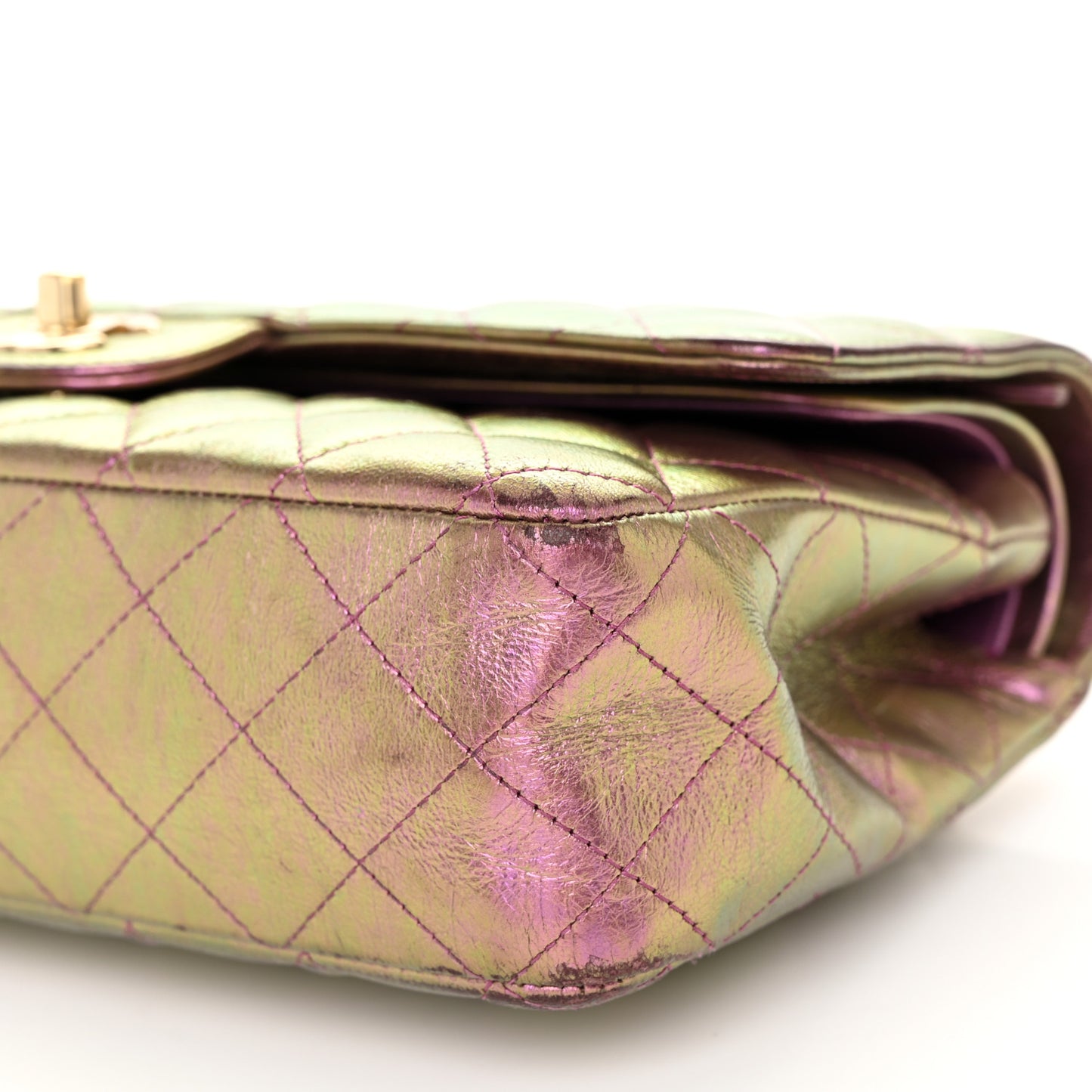Iridescent Lambskin Quilted Medium Double Flap Purple