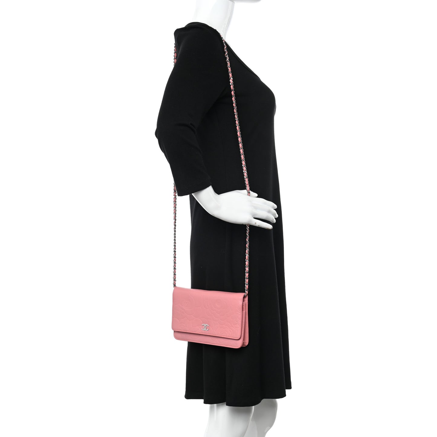 Lambskin Camellia Embossed Wallet on Chain WOC Pink