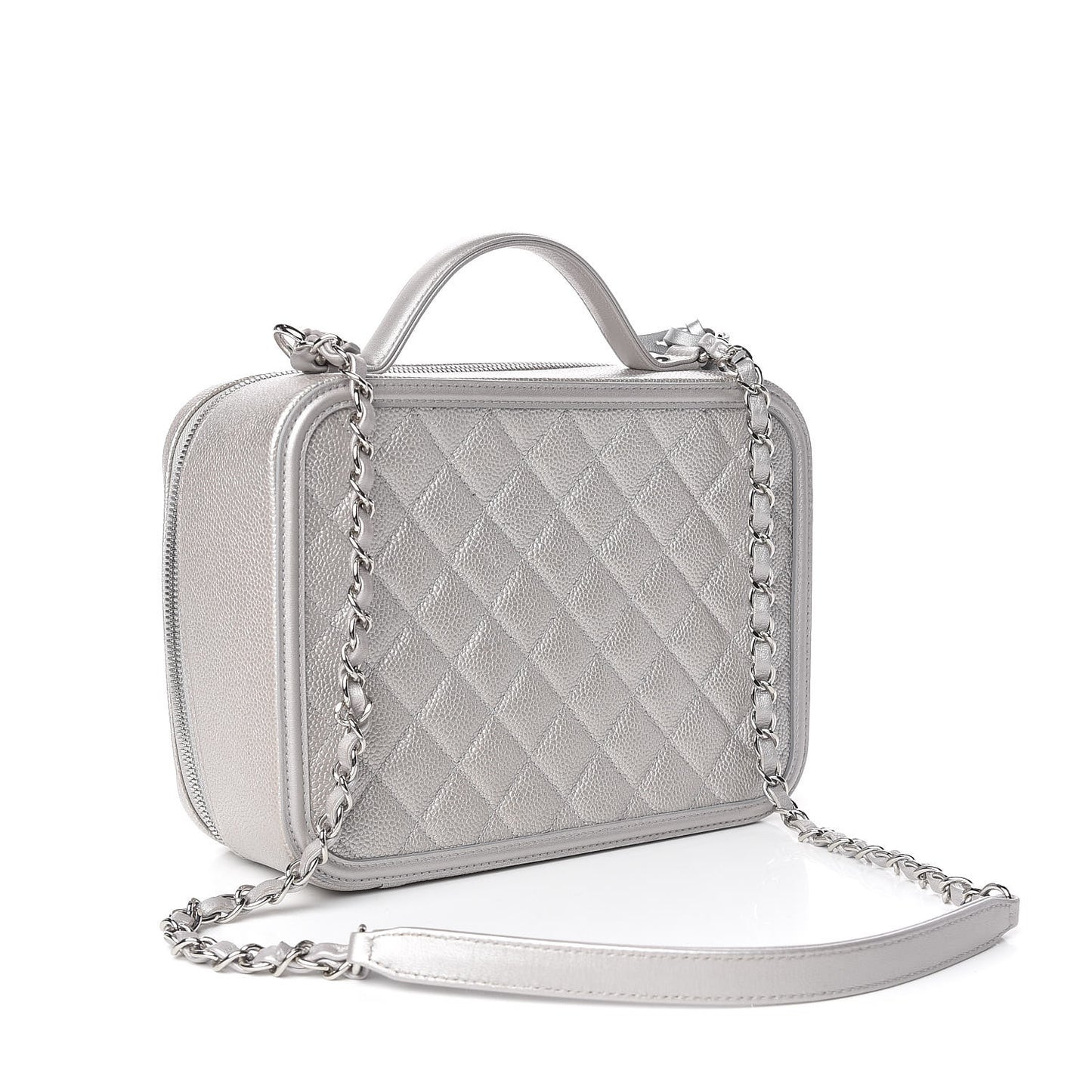 Metallic Caviar Quilted Large CC Filigree Vanity Case Silver