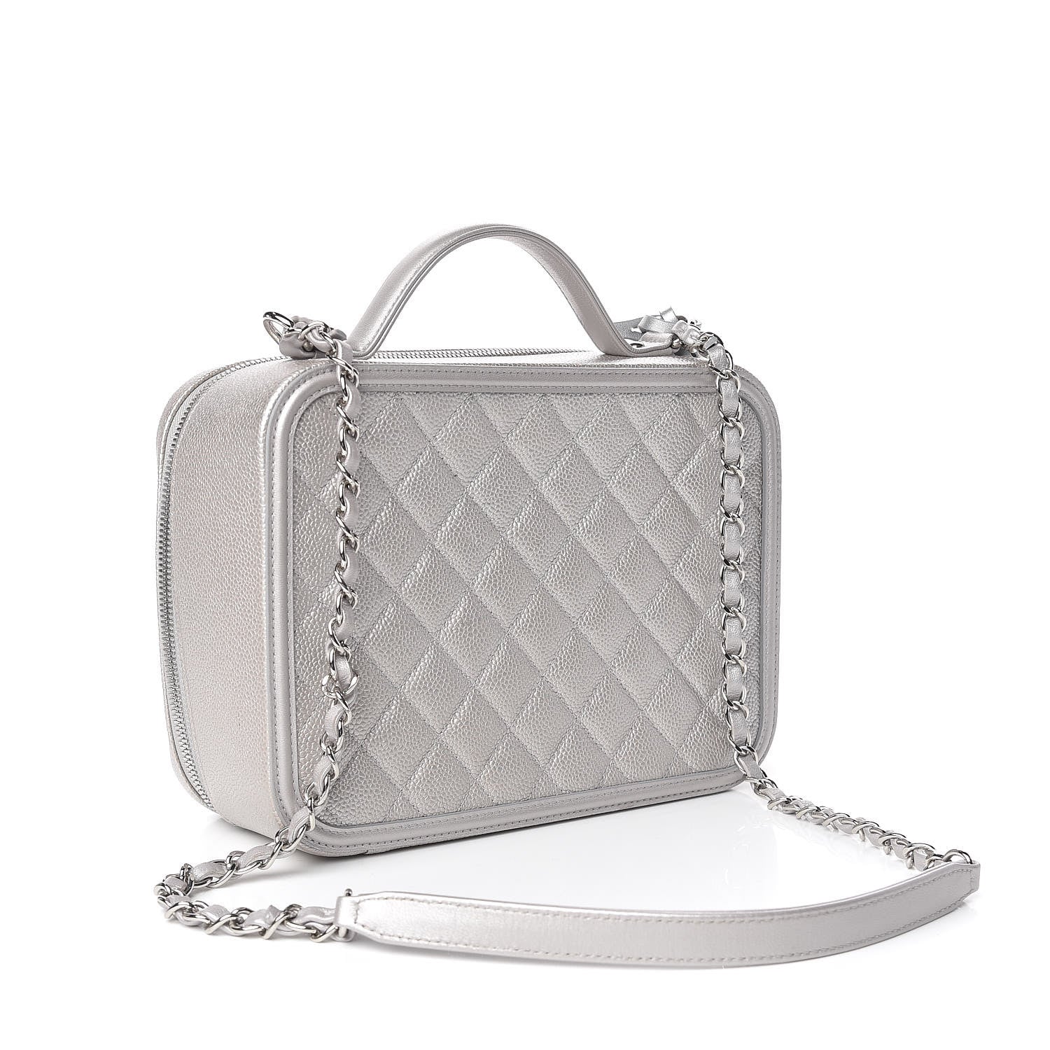 Chanel Metallic Caviar Quilted Large CC Filigree Vanity Case Silver 3 of 12
