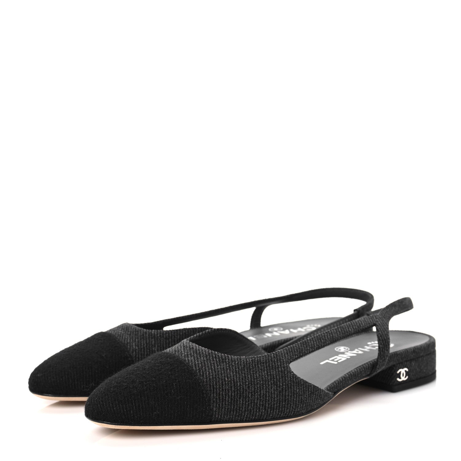 Chanel Grosgrain Cap Toe CC Slingback Flats 38.5 Black 3 of 7