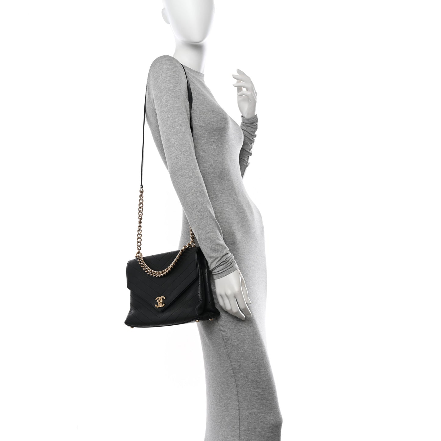 Calfskin Chevron Stitched Medium Coco Flap Bag Black