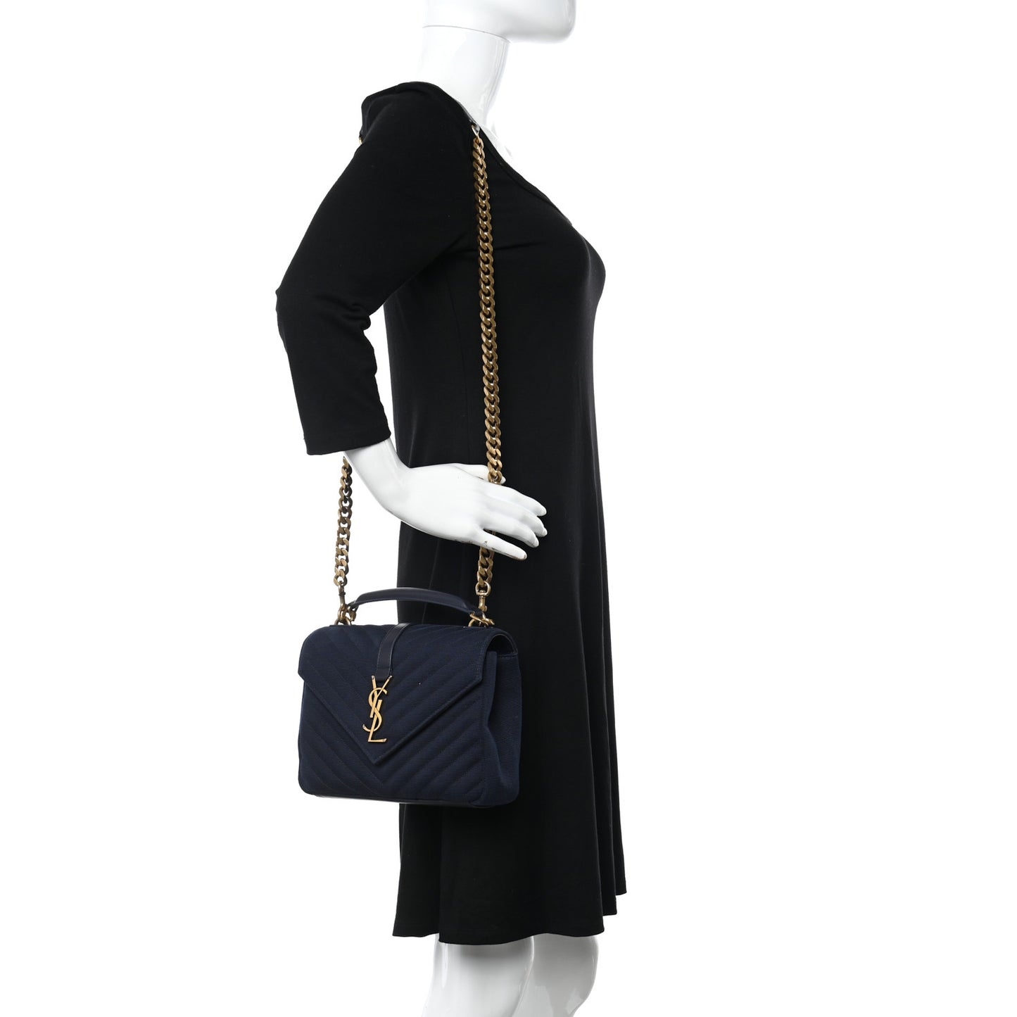 Smooth Calfskin Cotton Canvas Matelasse Chevron Monogram Medium College Bag Deeply Blue
