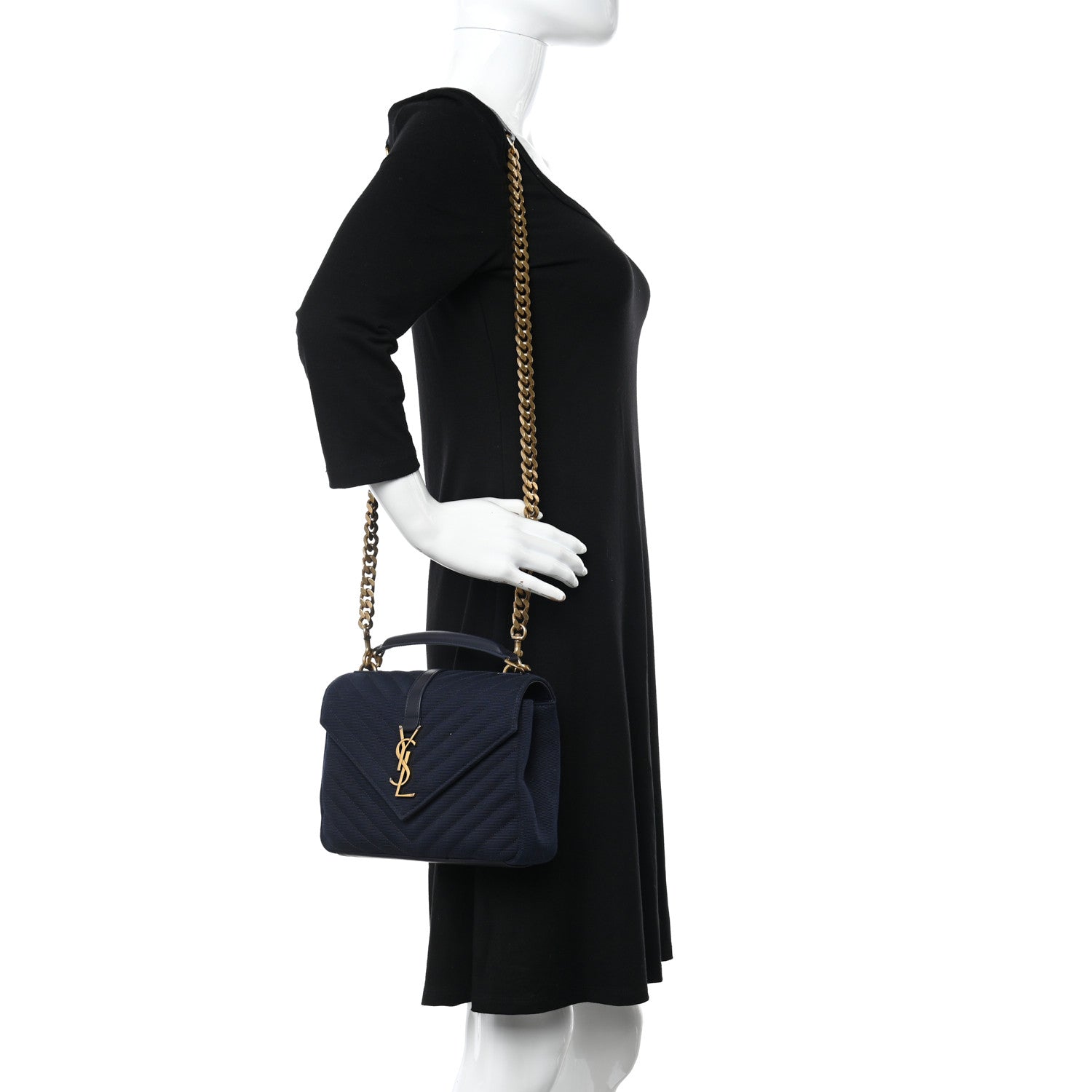 Saint Laurent Smooth Calfskin Cotton Canvas Matelasse Chevron Monogram Medium College Bag Deeply Blue 2 of 9