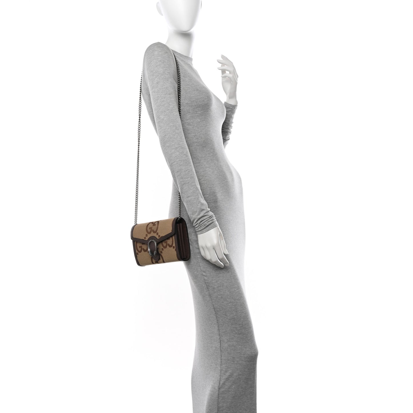 Monogram Jumbo GG Textured Dollar Calfskin Mini Dionysus Chain Wallet Camel Ebony New Acero