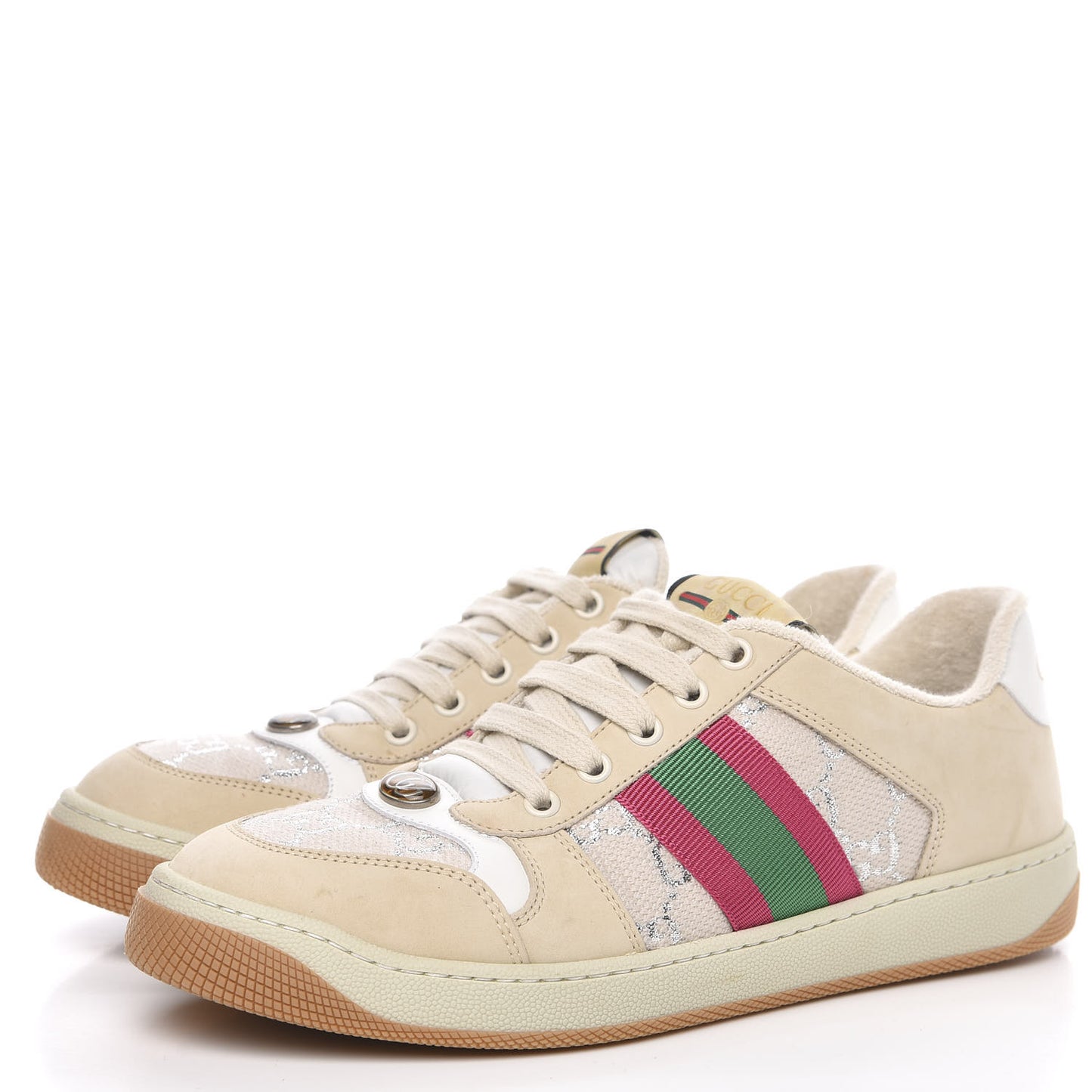 Lame GG Monogram Nubuck Web Screener Sneakers 39 Gardenia Silver Dusty Milk White
