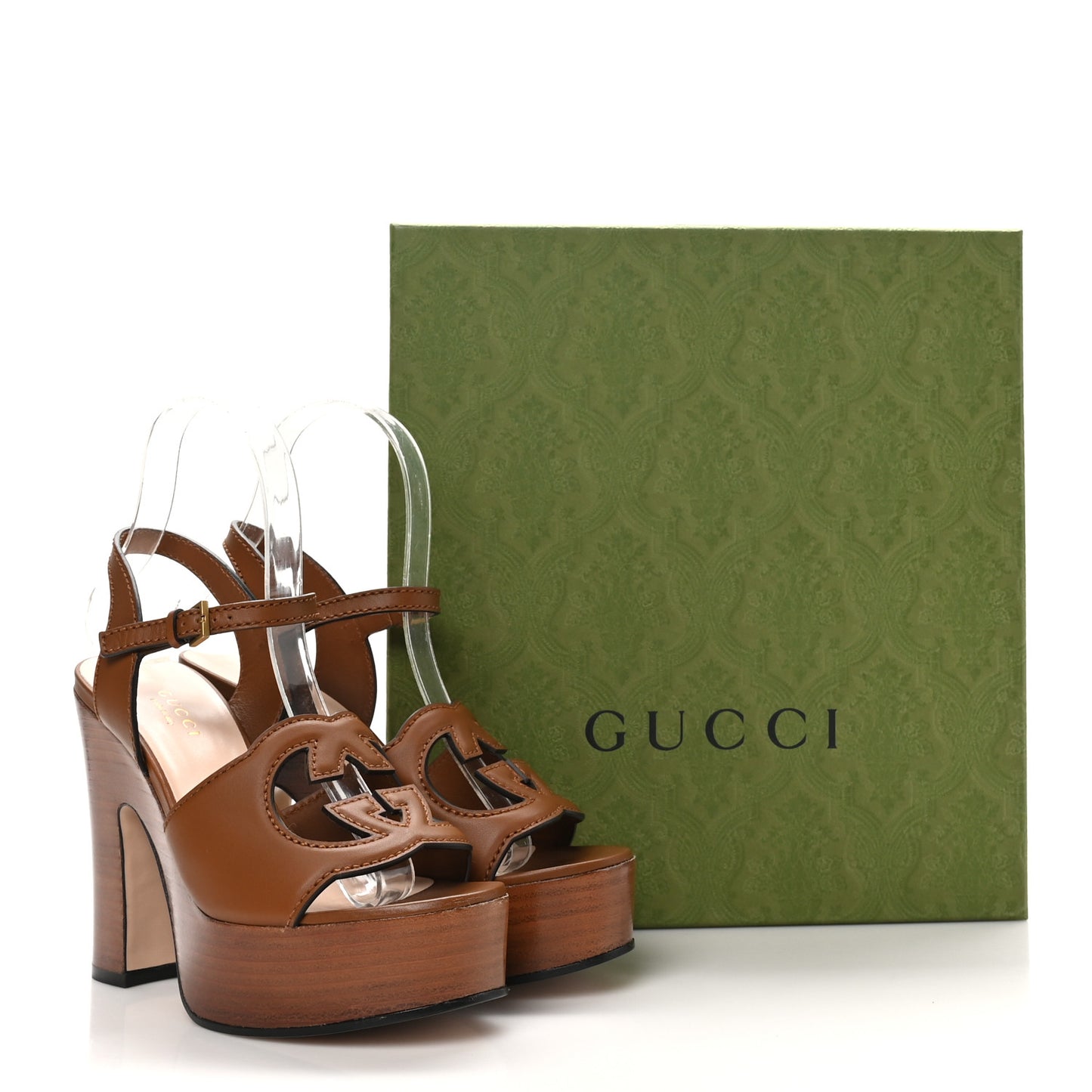Cosmos Softy Calfskin Wooden Interlocking G Cut-Out 30/120mm Platform Sandals 35 Cuir