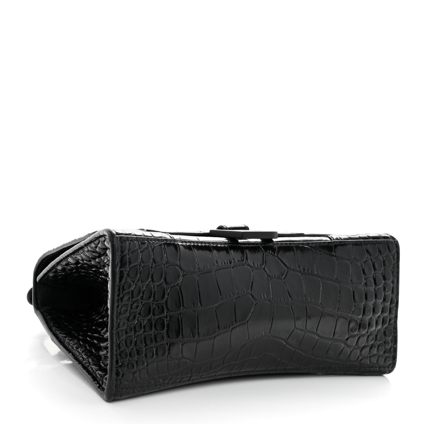 Shiny Calfskin Monochrome Crocodile Embossed Small Hourglass Top Handle Bag Black