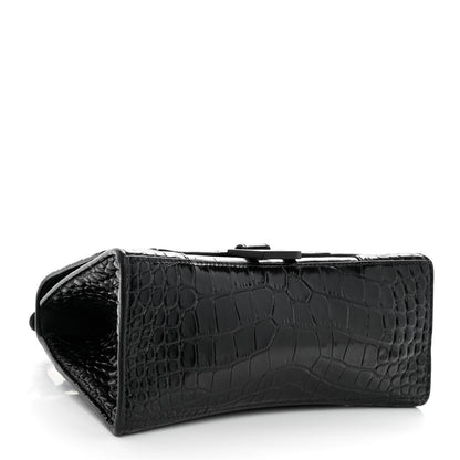 Balenciaga Shiny Calfskin Monochrome Crocodile Embossed Small Hourglass Top Handle Bag Black 4 of 11