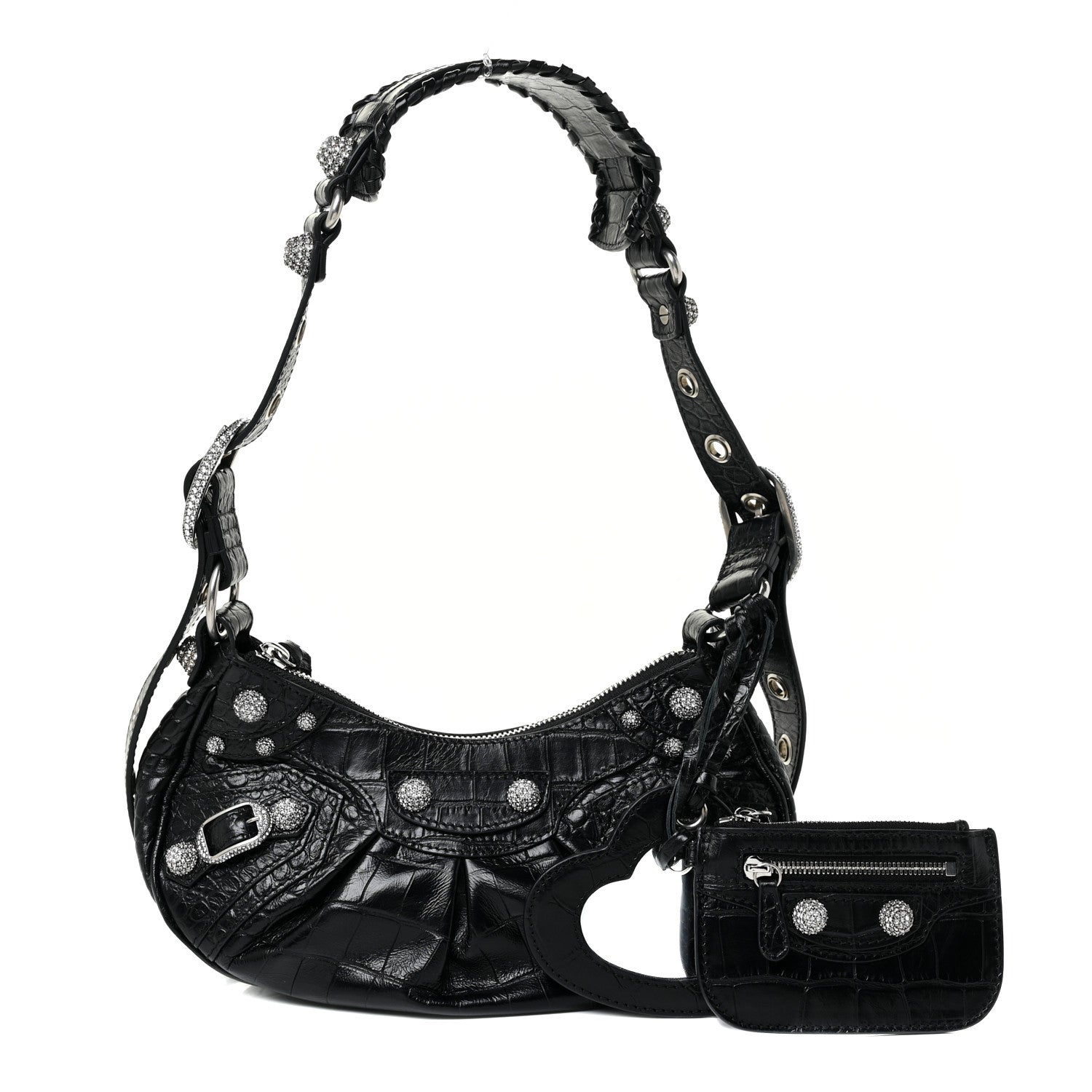 Balenciaga Extra Supple Calfskin Crystal Crocodile Embossed Le Cagole Shoulder Bag XS Black 3 of 10