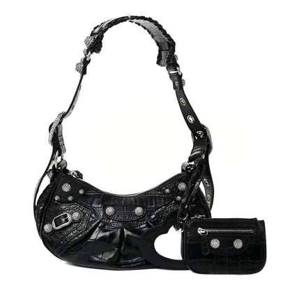 Balenciaga Extra Supple Calfskin Crystal Crocodile Embossed Le Cagole Shoulder Bag XS Black 3 of 10