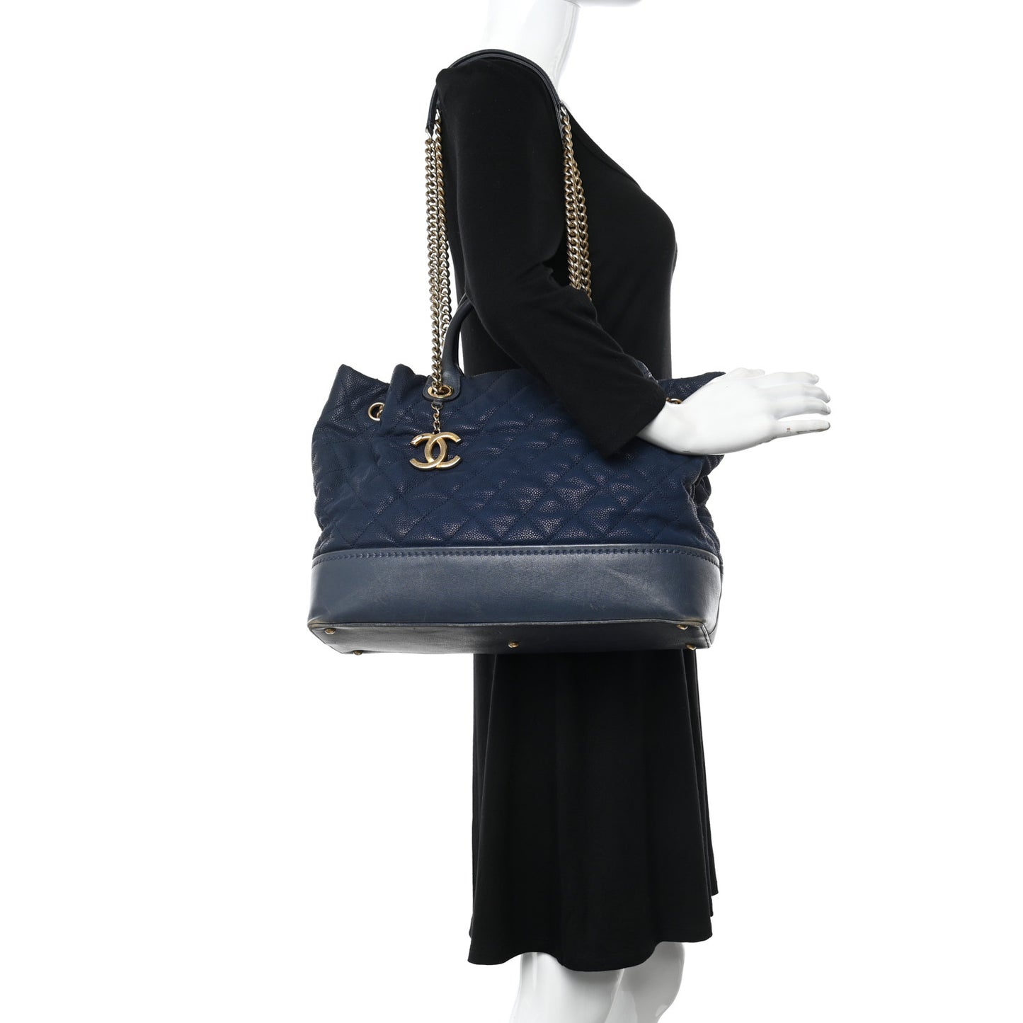 Iridescent Caviar Quilted Globe Trotter Shopping Tote Navy Blue