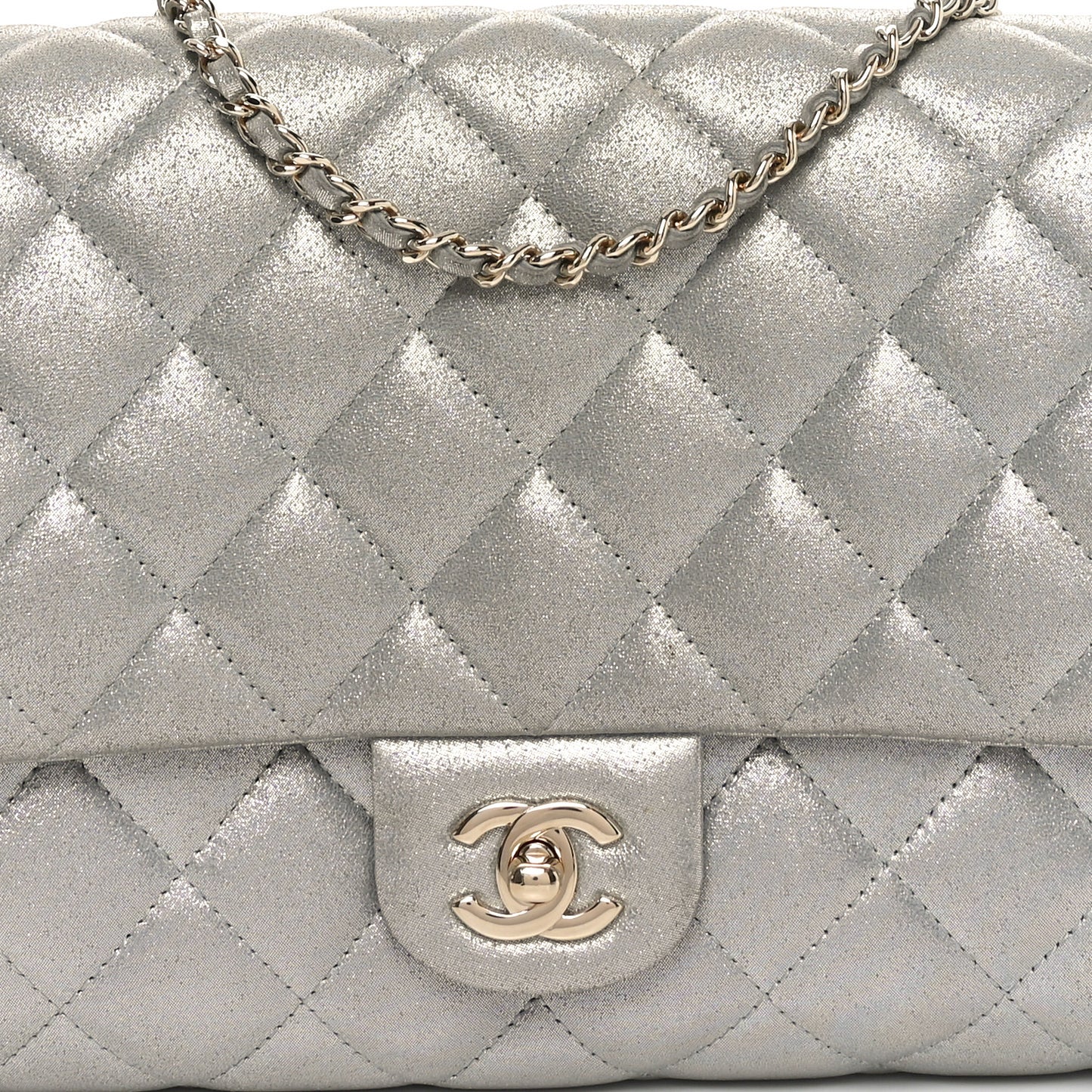 Iridescent Calfskin Quilted Clutch With Chain Flap Silver