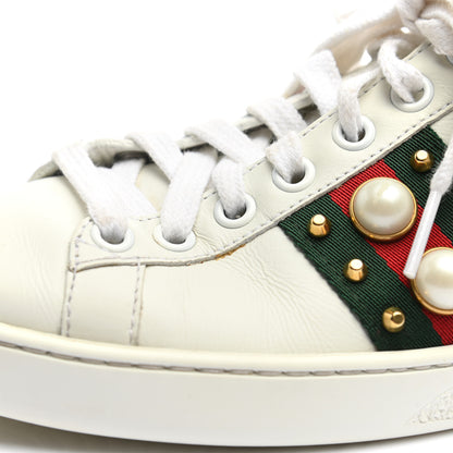 Gucci Calfskin Web Pearl Studded Womens Ace Sneakers 35 White 10 of 13