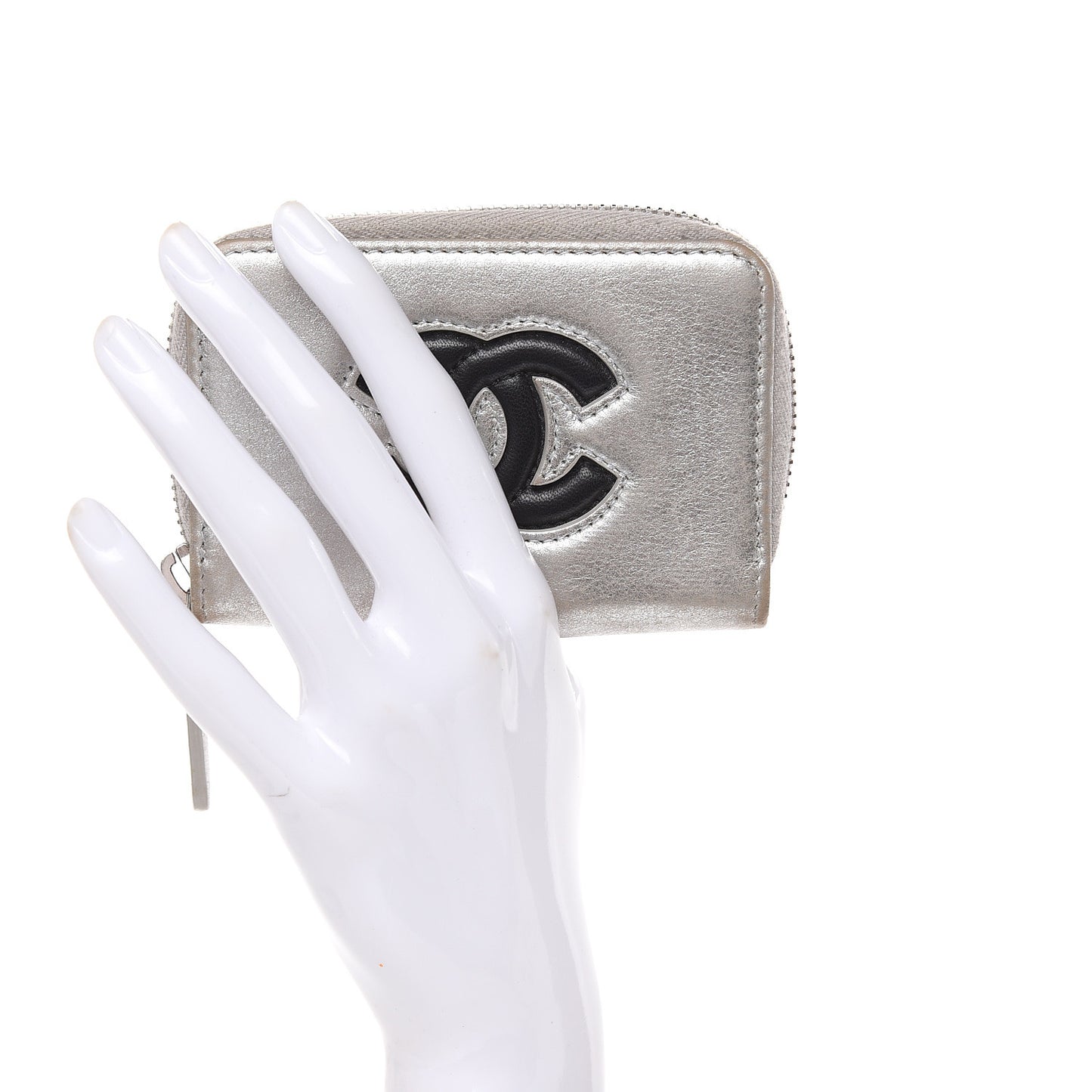 Metallic Calfskin Timeless Zip Coin Purse Silver Black