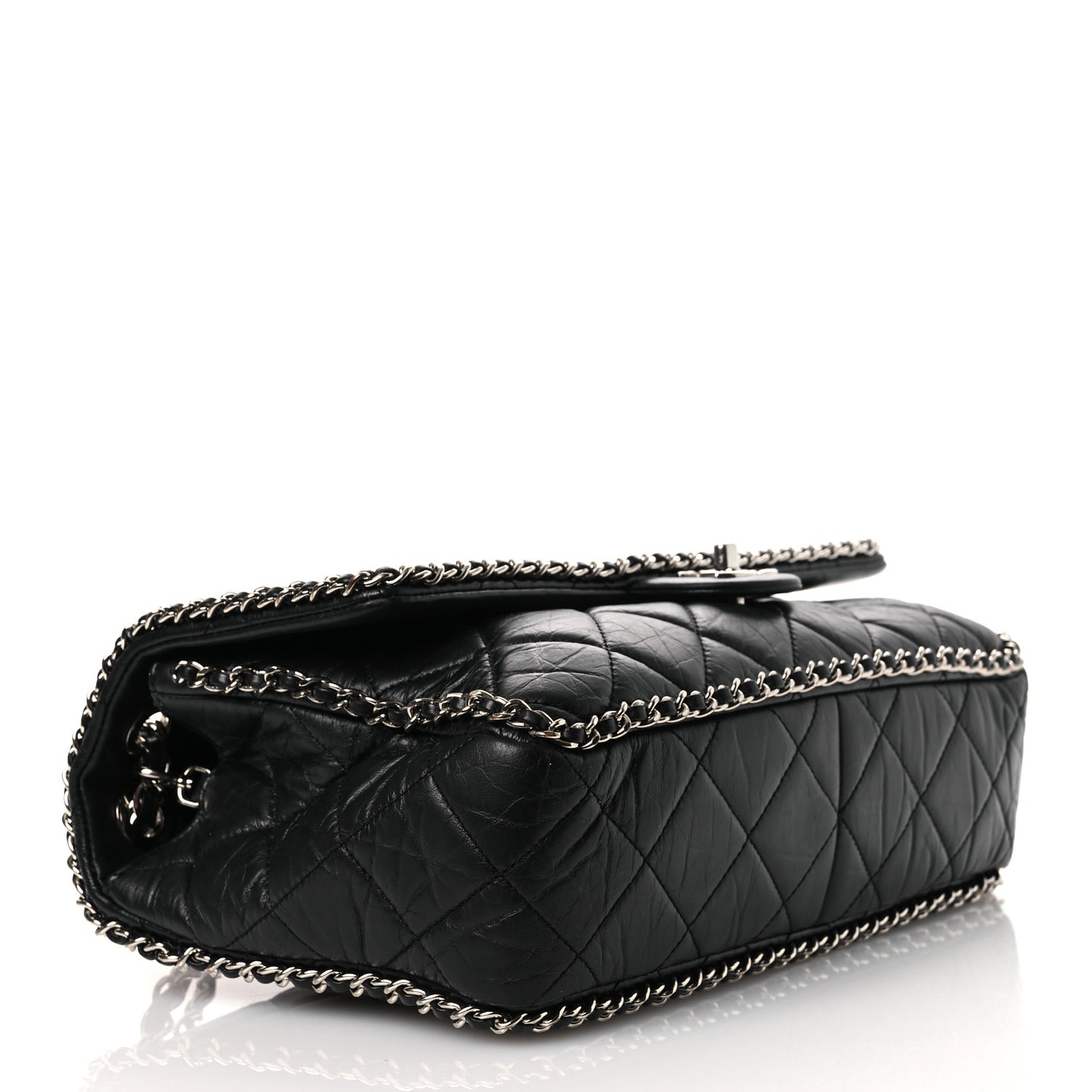 Crumpled Calfskin Quilted Large Chain Around Flap Black